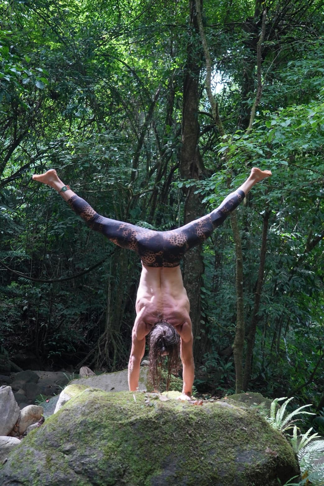 Handstand on a mossy boulder in the rainforest